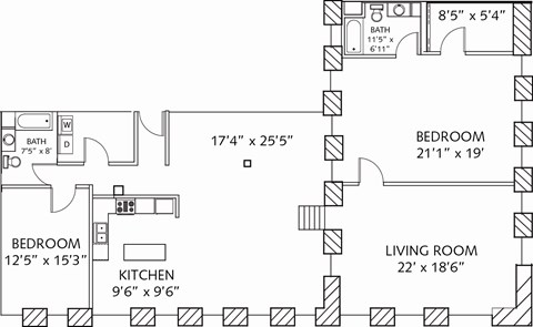 2 bedroom 2 bathroom floor plan D at Lofts at Lafayette Square Apartments, Saint Louis, MO, 63104